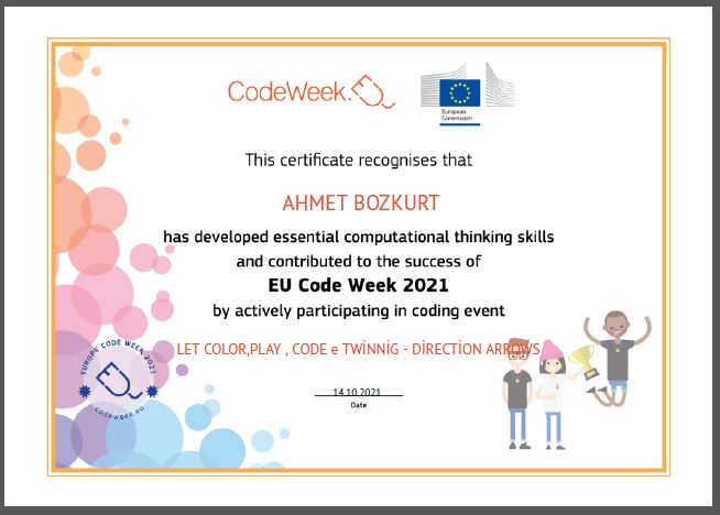 Let’s Color Play Code e Twinning Project – Code Week Certificates for Direction Arrows Work by sukran  - Illustrated by Şükran Yenigelen - Ourboox.com