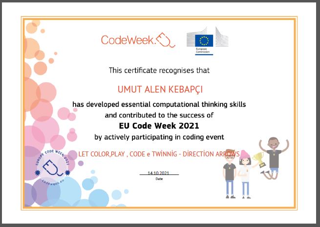 Let’s Color Play Code e Twinning Project – Code Week Certificates for Direction Arrows Work by sukran  - Illustrated by Şükran Yenigelen - Ourboox.com