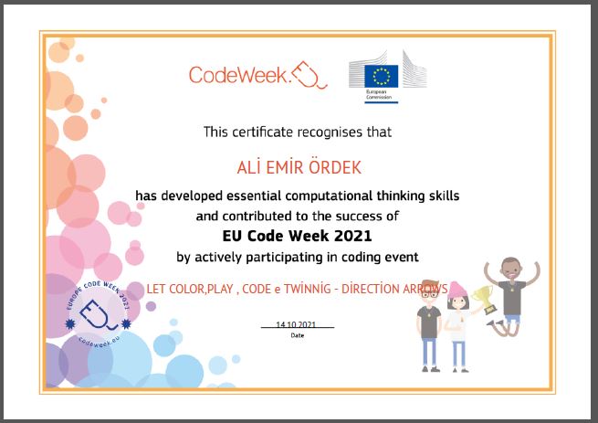 Let’s Color Play Code e Twinning Project – Code Week Certificates for Direction Arrows Work by sukran  - Illustrated by Şükran Yenigelen - Ourboox.com