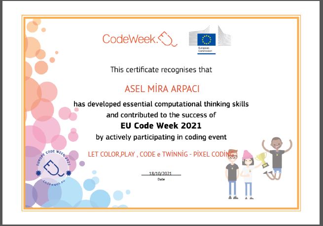 Let’s Color Play Code e Twinning Project – Code Week Certificates for Pixel Coding Studies by sukran  - Illustrated by Şükran Yenigelen - Ourboox.com