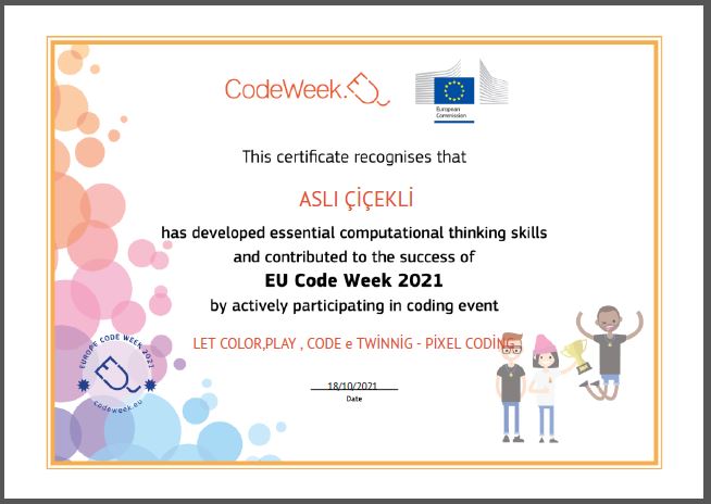 Let’s Color Play Code e Twinning Project – Code Week Certificates for Pixel Coding Studies by sukran  - Illustrated by Şükran Yenigelen - Ourboox.com