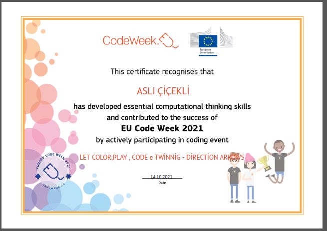 Let’s Color Play Code e Twinning Project – Code Week Certificates for Direction Arrows Work by sukran  - Illustrated by Şükran Yenigelen - Ourboox.com