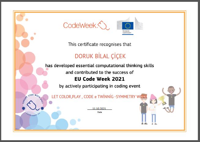 Let’s Color Play Code e Twinning Project – Code Week Certificates on Symmetry Studies by sukran  - Illustrated by Şükran Yenigelen - Ourboox.com