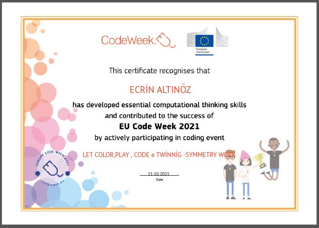 Let’s Color Play Code e Twinning Project – Code Week Certificates on Symmetry Studies by sukran  - Illustrated by Şükran Yenigelen - Ourboox.com