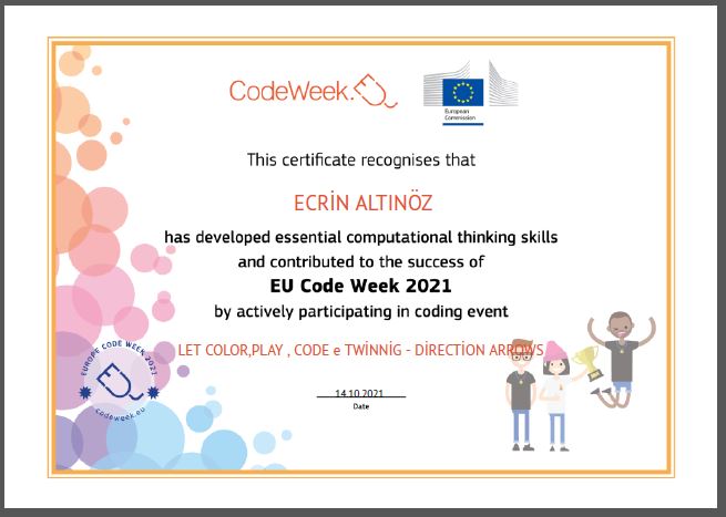 Let’s Color Play Code e Twinning Project – Code Week Certificates for Direction Arrows Work by sukran  - Illustrated by Şükran Yenigelen - Ourboox.com
