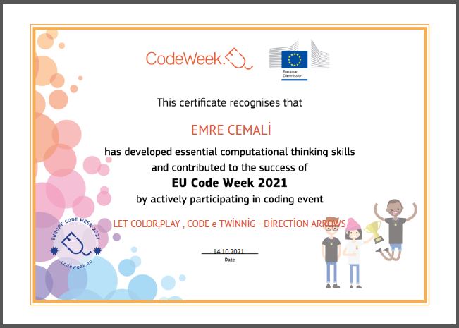 Let’s Color Play Code e Twinning Project – Code Week Certificates for Direction Arrows Work by sukran  - Illustrated by Şükran Yenigelen - Ourboox.com