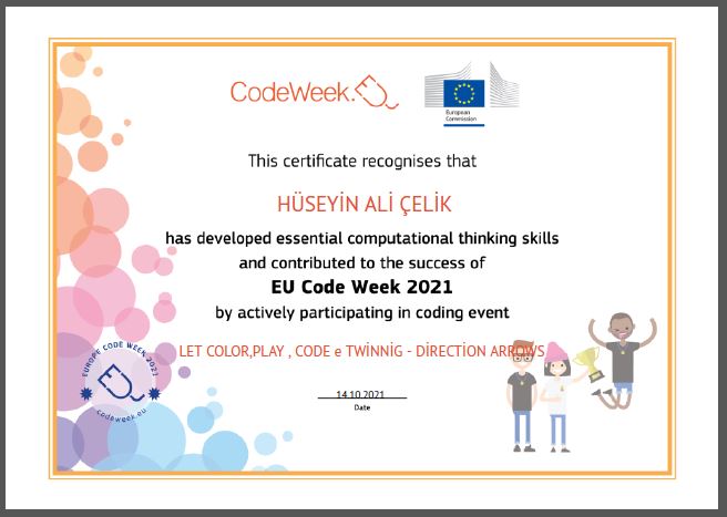 Let’s Color Play Code e Twinning Project – Code Week Certificates for Direction Arrows Work by sukran  - Illustrated by Şükran Yenigelen - Ourboox.com