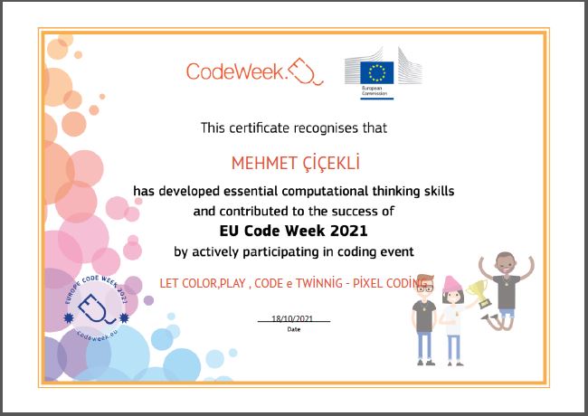 Let’s Color Play Code e Twinning Project – Code Week Certificates for Pixel Coding Studies by sukran  - Illustrated by Şükran Yenigelen - Ourboox.com
