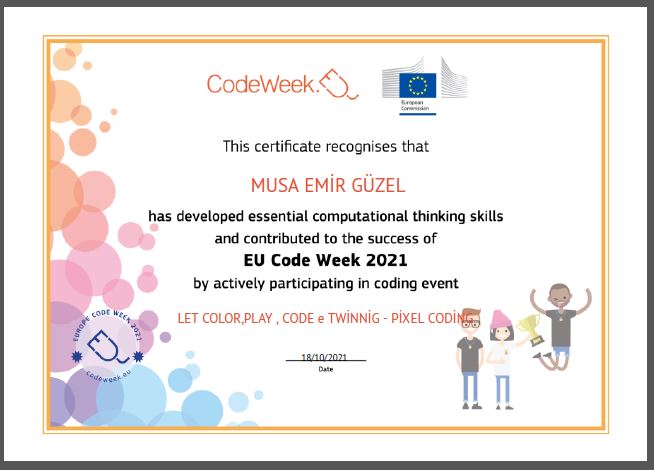 Let’s Color Play Code e Twinning Project – Code Week Certificates for Pixel Coding Studies by sukran  - Illustrated by Şükran Yenigelen - Ourboox.com