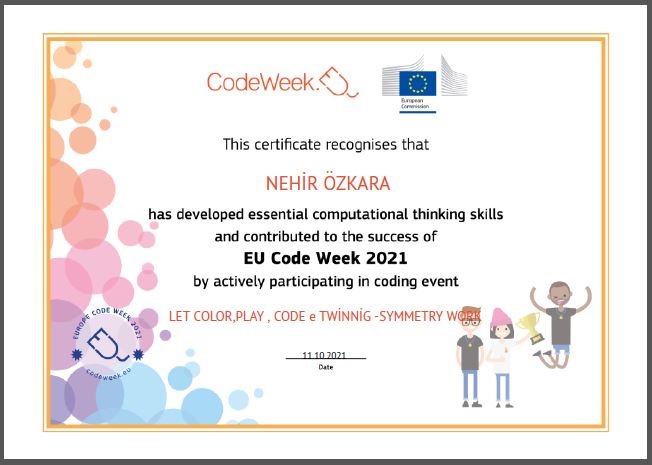 Let’s Color Play Code e Twinning Project – Code Week Certificates on Symmetry Studies by sukran  - Illustrated by Şükran Yenigelen - Ourboox.com
