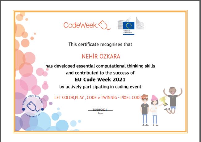 Let’s Color Play Code e Twinning Project – Code Week Certificates for Pixel Coding Studies by sukran  - Illustrated by Şükran Yenigelen - Ourboox.com
