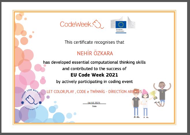 Let’s Color Play Code e Twinning Project – Code Week Certificates for Direction Arrows Work by sukran  - Illustrated by Şükran Yenigelen - Ourboox.com