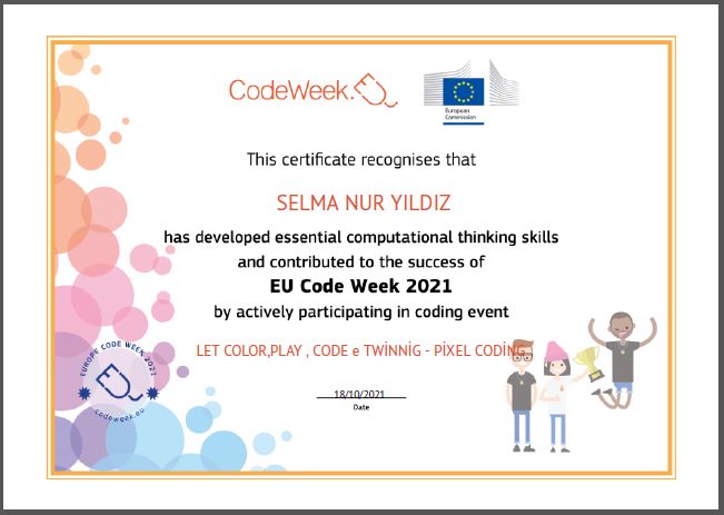 Let’s Color Play Code e Twinning Project – Code Week Certificates for Pixel Coding Studies by sukran  - Illustrated by Şükran Yenigelen - Ourboox.com
