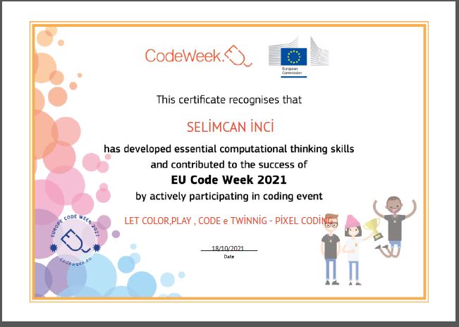Let’s Color Play Code e Twinning Project – Code Week Certificates for Pixel Coding Studies by sukran  - Illustrated by Şükran Yenigelen - Ourboox.com