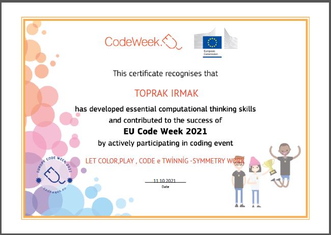 Let’s Color Play Code e Twinning Project – Code Week Certificates on Symmetry Studies by sukran  - Illustrated by Şükran Yenigelen - Ourboox.com